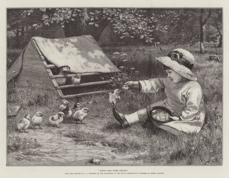 Wer zuerst kommt, mahlt zuerst, in der Ausstellung des Royal Institute of Painters in Water Colours von John Charles Dollman