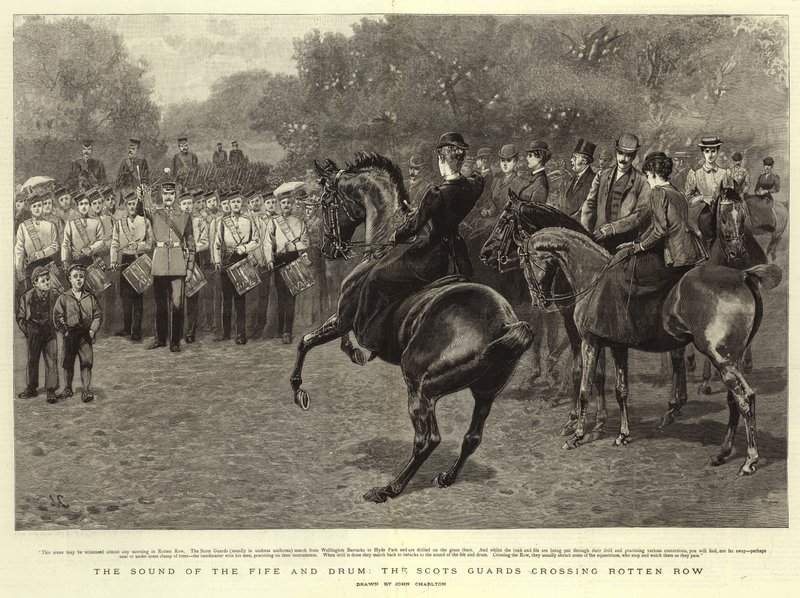 Der Klang von Pfeife und Trommel, die Scots Guards überqueren die Rotten Row von John Charlton