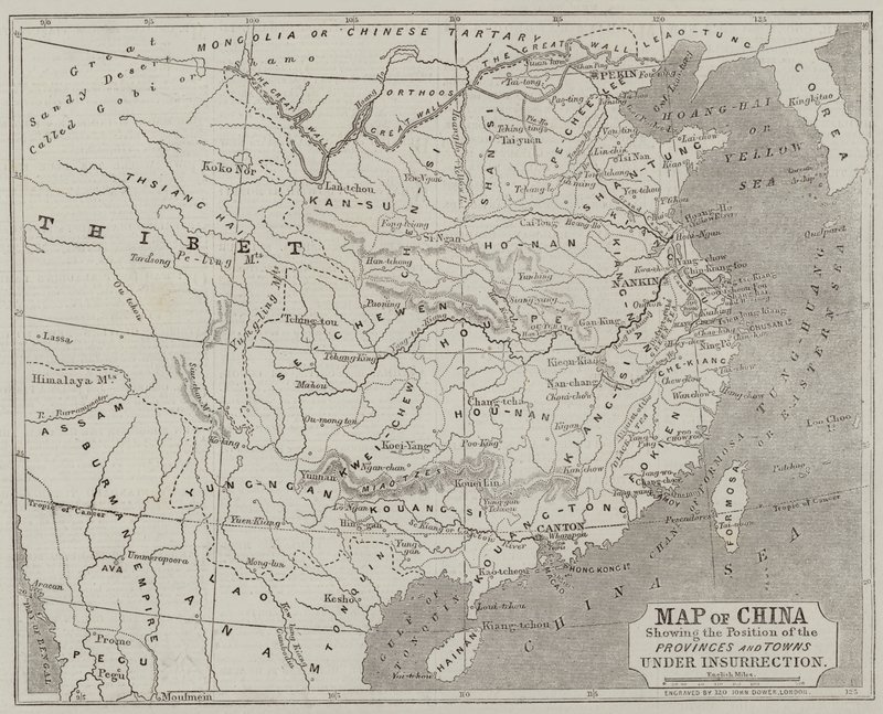 Karte von China mit der Position der Provinzen und Städte unter Aufstand von John Dower