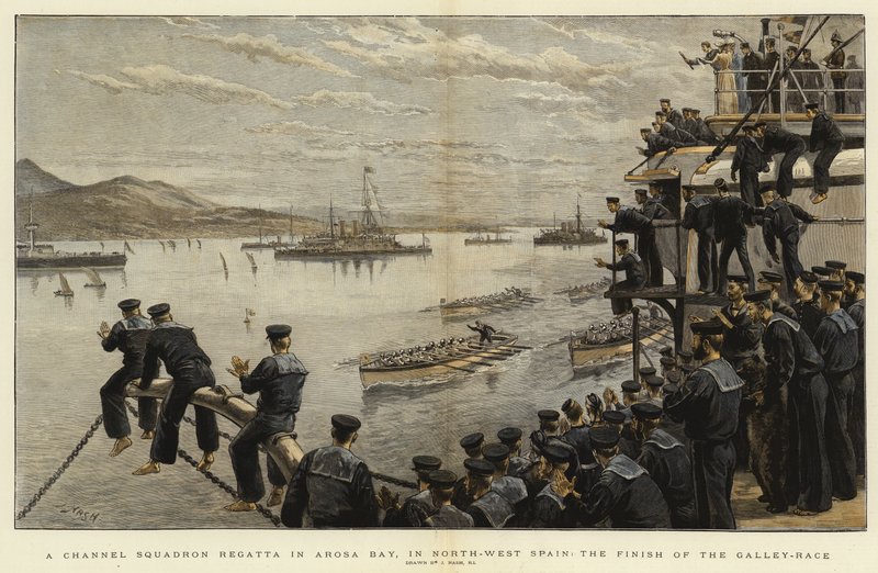 Eine Kanalgeschwader-Regatta in der Arosa-Bucht, Nordwestspanien, das Ende des Galeerenrennens von Joseph Nash