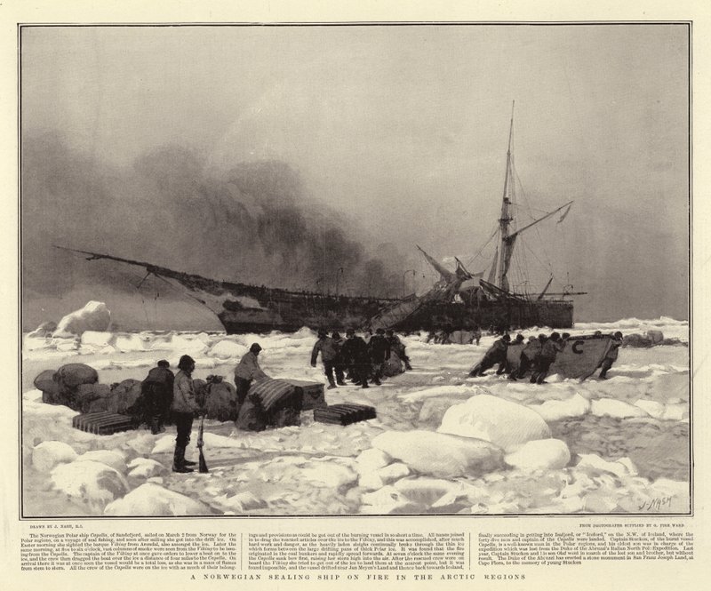 Ein norwegisches Robbenschiff brennt in der Arktis von Joseph Nash