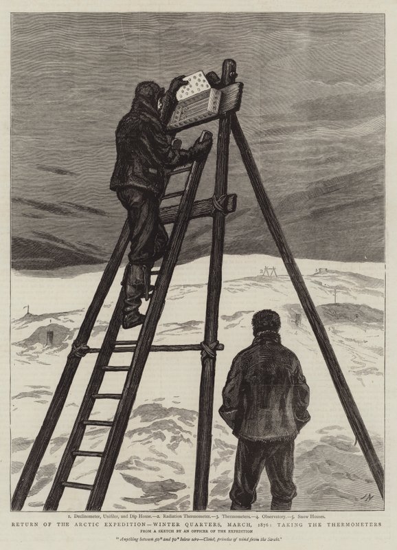 Rückkehr der Arktisexpedition, Winterquartiere, März 1876, Thermometer ablesen von Joseph Nash