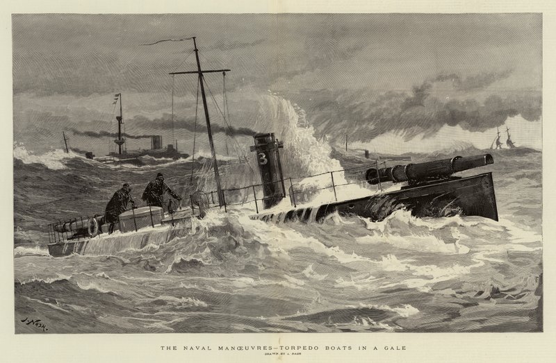 Die Marine-Manöver, Torpedoboote in einem Sturm von Joseph Nash