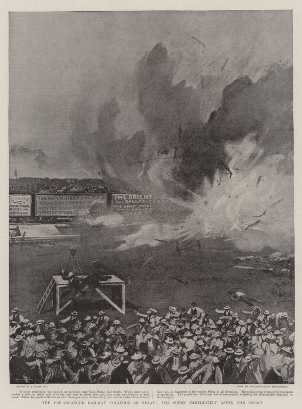 Die vorab arrangierte Eisenbahnkollision in Texas, die Szene unmittelbar nach dem Aufprall von Joseph Nash