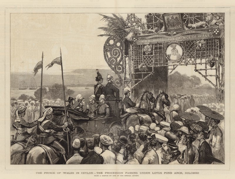 Der Prinz von Wales in Ceylon, die Prozession unter dem Lotus Pond Arch, Colombo von Joseph Nash