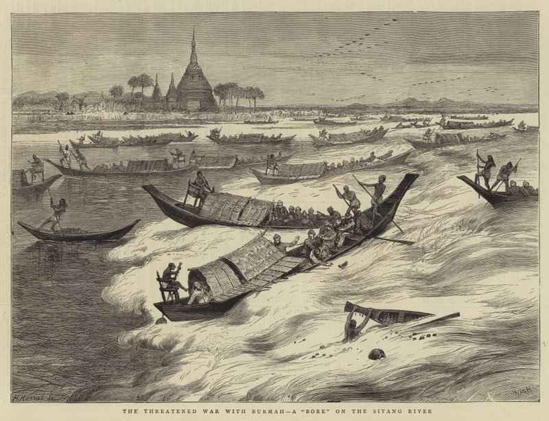 Der drohende Krieg mit Burma, ein Bohrloch am Sitang-Fluss von Joseph Nash