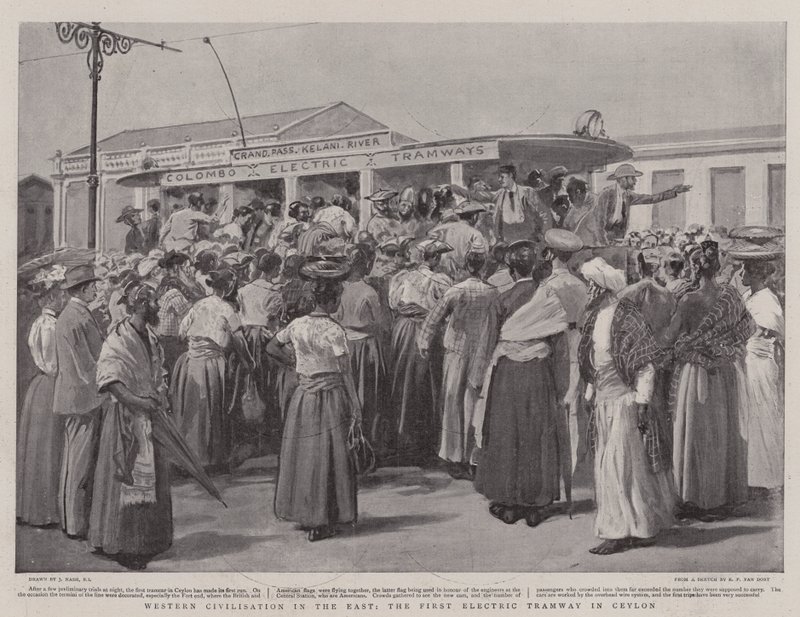 Westliche Zivilisation im Osten, die erste elektrische Straßenbahn in Ceylon von Joseph Nash