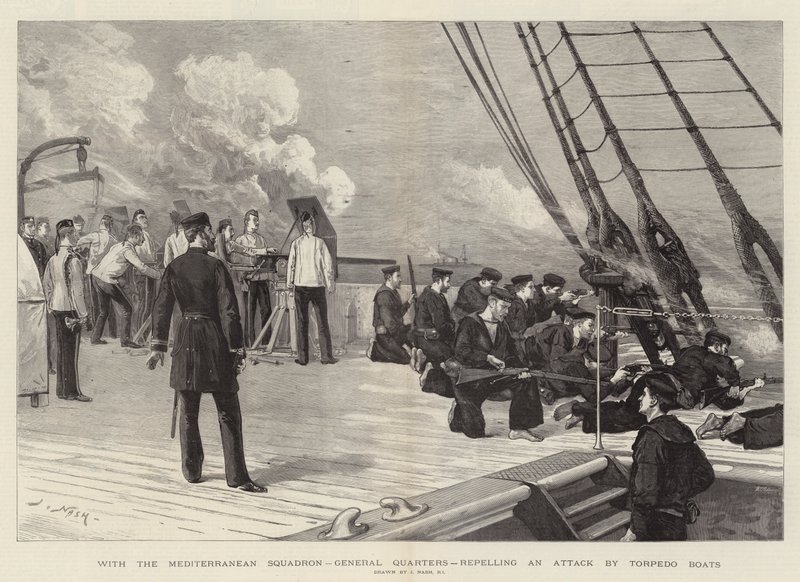 Mit dem Mittelmeergeschwader, Generalquartiere, Abwehr eines Angriffs durch Torpedoboote von Joseph Nash