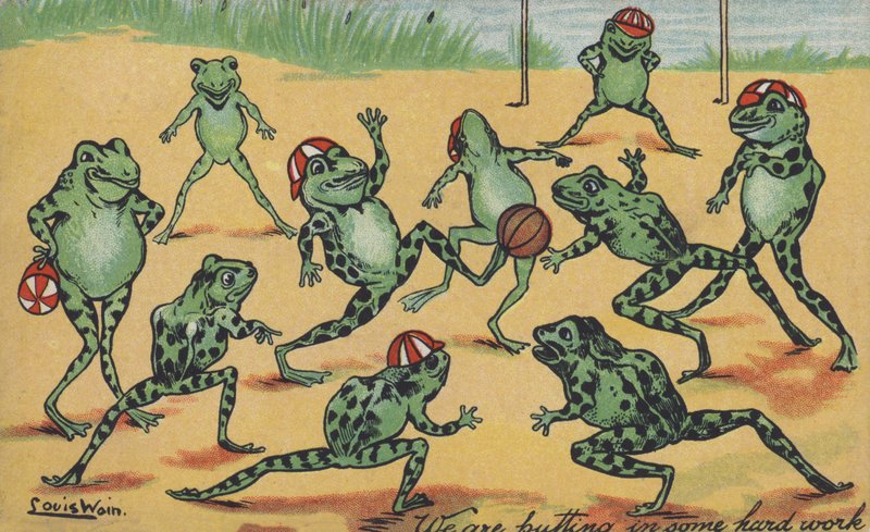 Frösche spielen Fußball von Louis Wain