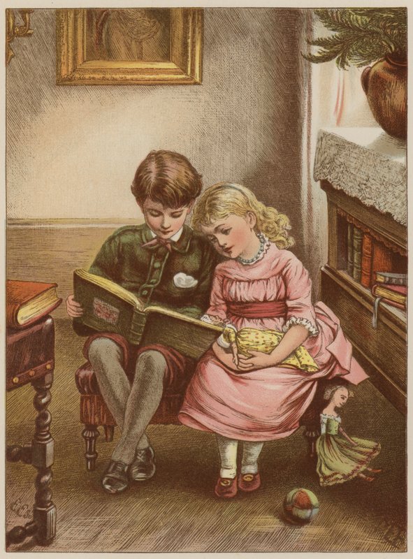 Junge und Mädchen lesen Buch von Mary Ellen Edwards