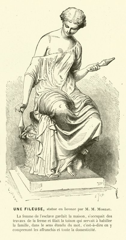 Antike römische Frau beim Spinnen von Fäden (Gravur) von Mathurin Moreau