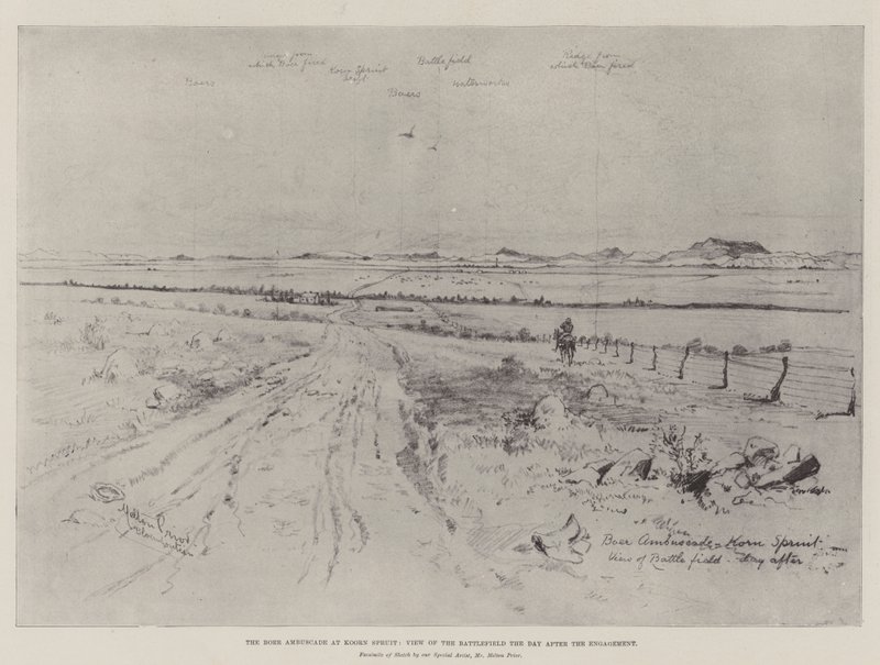 Der Burenhinterhalt bei Koorn Spruit, Ansicht des Schlachtfeldes am Tag nach dem Gefecht von Melton Prior