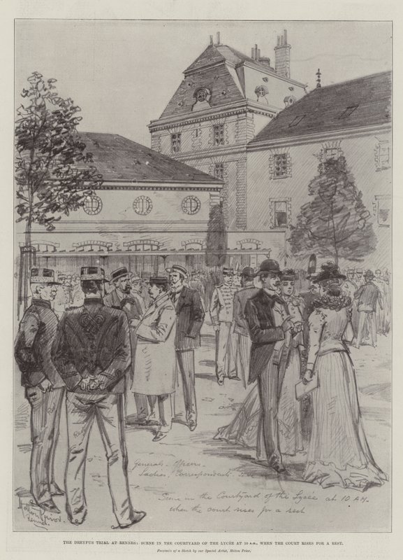 Der Dreyfus-Prozess in Rennes, Szene im Hof des Lyzeums um 10 Uhr, als das Gericht eine Pause einlegt von Melton Prior