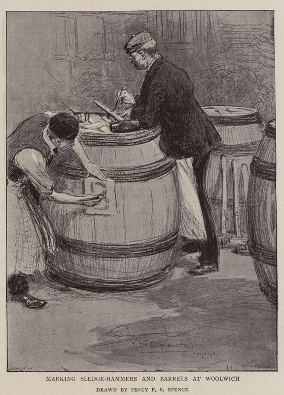 Markierung von Vorschlaghämmern und Fässern in Woolwich von Percy F.S. Spence