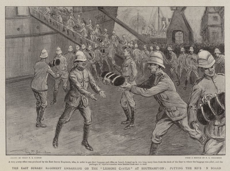Das East Surrey Regiment geht an Bord der Lismore Castle in Southampton, Verladung der Ausrüstung von Percy F.S. Spence