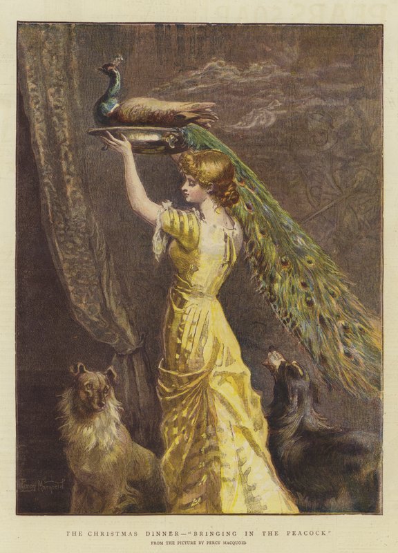 Das Weihnachtsessen, der Pfau wird hereingebracht von Percy Macquoid
