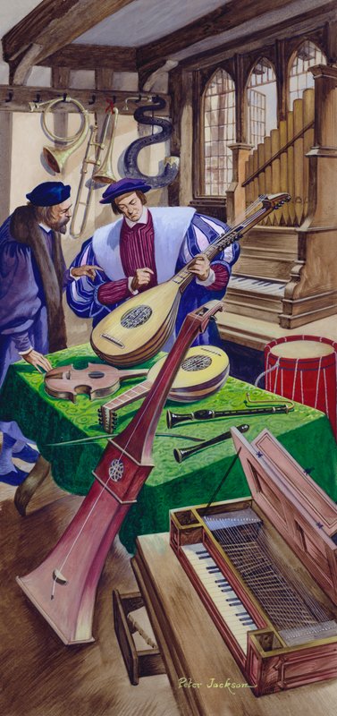 Ein Hersteller von Musikinstrumenten in seiner Werkstatt in der Tudorzeit von Peter Jackson