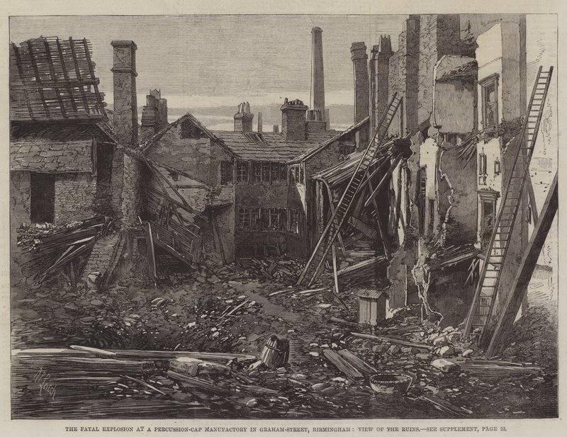 Die tödliche Explosion in einer Zündhütchenfabrik in der Graham-Street, Birmingham, Ansicht der Ruinen von Richard Principal Leitch