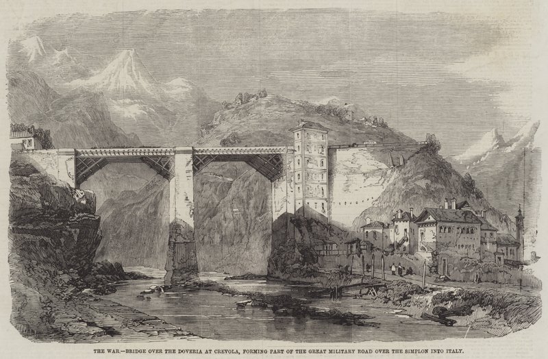 Der Krieg, Brücke über die Doveria bei Crevola, Teil der großen Militärstraße über den Simplon nach Italien von Richard Principal Leitch