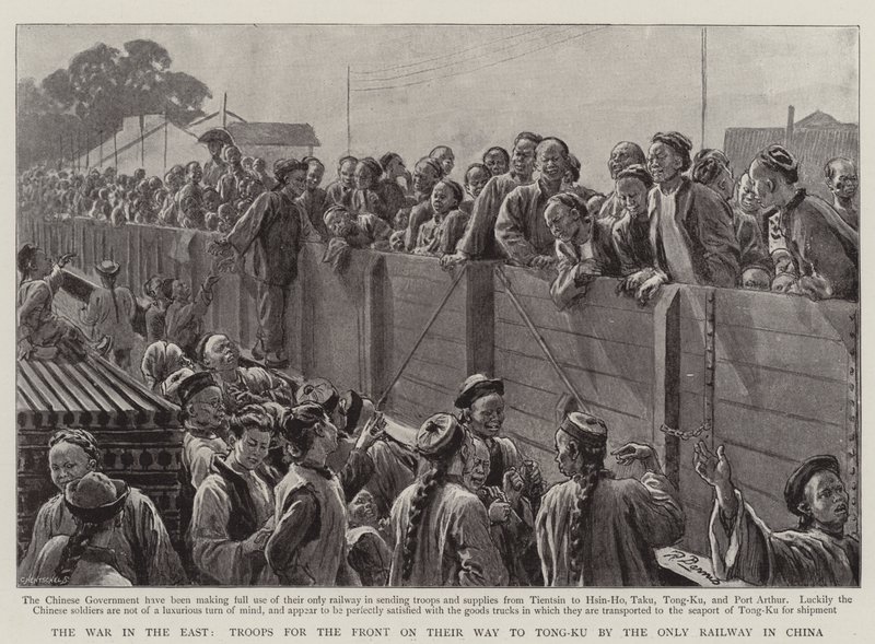 Der Krieg im Osten, Truppen für die Front auf dem Weg nach Tong-Ku mit der einzigen Eisenbahn in China von Robert Barnes