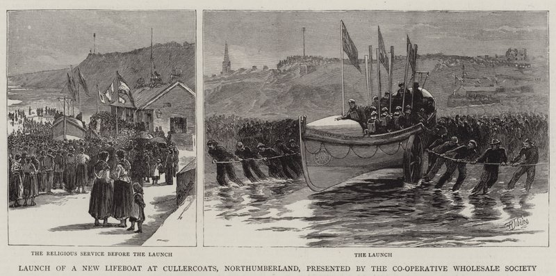 Start eines neuen Rettungsbootes in Cullercoats, Northumberland, präsentiert von der Co-Operative Wholesale Society von Robert Jobling