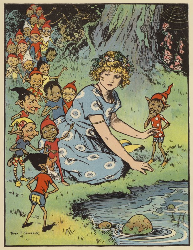 Mädchen umgeben von Elfen (Farblithografie) von Rosa Petherick