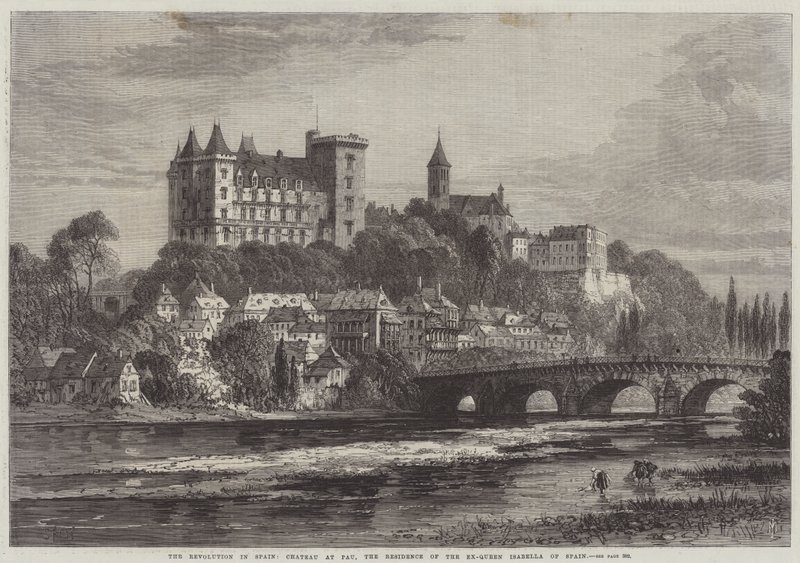 Die Revolution in Spanien, Schloss in Pau, die Residenz der Ex-Königin Isabella von Spanien von Samuel Read