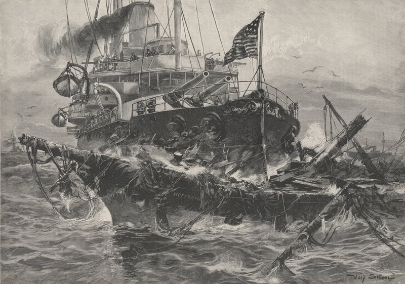 Ein amerikanisches Kriegsschiff zerstört Wracks im Atlantik von Stoewer Willy