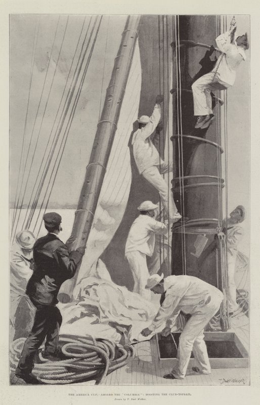 Der America Cup, an Bord der Columbia, das Club-Topsail hissen von T. Dart Walker