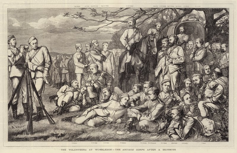 Die Freiwilligen in Wimbledon, das Künstlerkorps nach einem Scharmützel von Theodore Blake Wirgman
