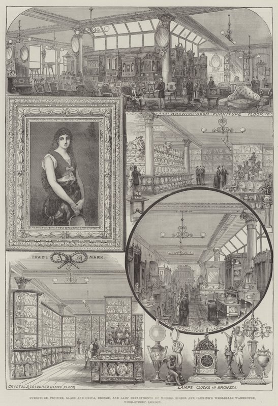 Möbel-, Bild-, Glas- und Porzellan-, Bronze- und Lampenabteilungen des Großhandelslagers von Messers Silber und Fleming, Wood-Street, London von Thomas Sulman