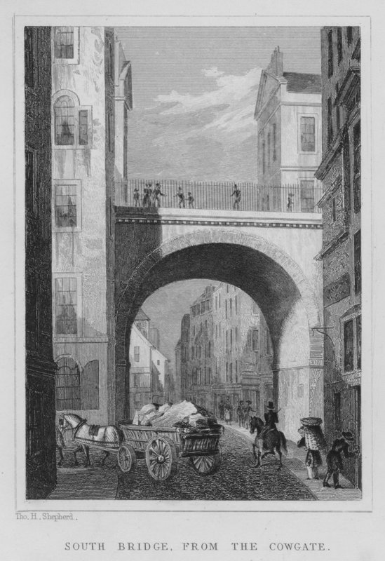 South Bridge, von der Cowgate (Gravur) von Thomas Hosmer Shepherd