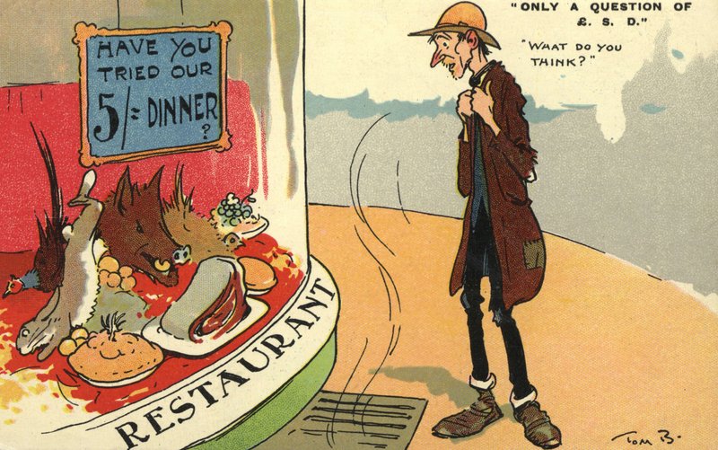 Landstreicher schaut in ein Restaurantfenster von Tom Browne