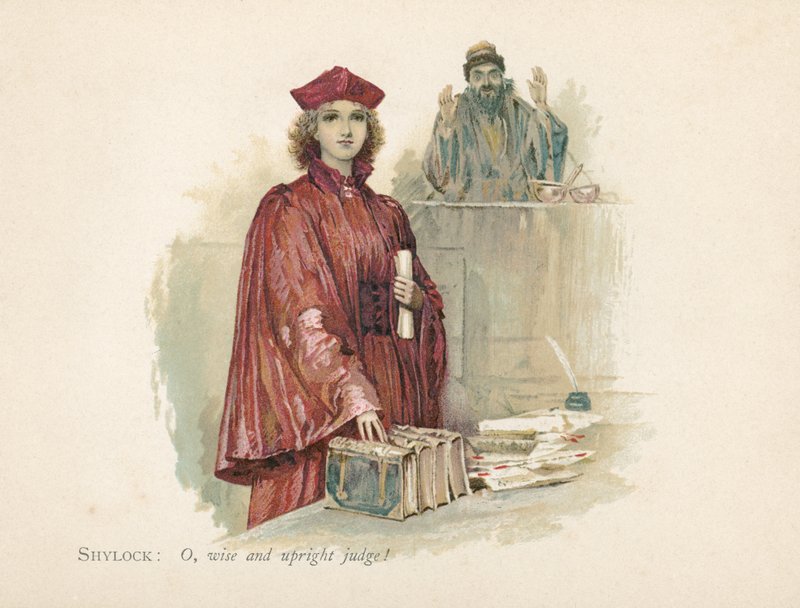 Portia und Shylock in Der Kaufmann von Venedig von Walter Stanley Paget