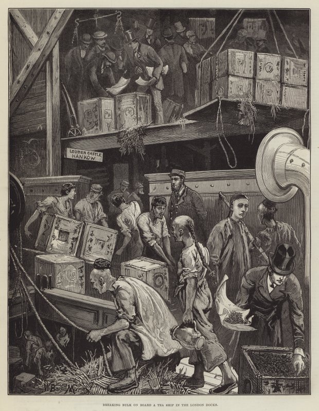 Ladung auf einem Teeschiff in den Londoner Docks entladen von William Bazett Murray