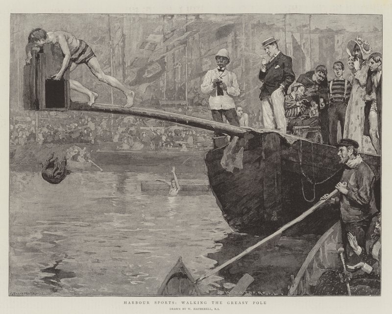Hafensport, das Gehen auf der schmierigen Stange von William Hatherell
