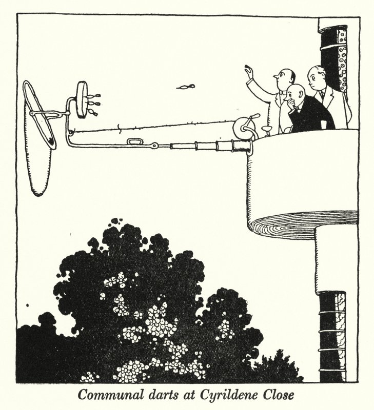 Gemeinschaftsdarts in Cyrildene Close (Lithografie) von William Heath Robinson