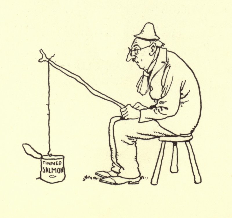 Mann angelt nach Dosenlachs von William Heath Robinson
