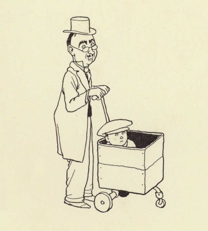 Mann schiebt Jungen in einer Kiste von William Heath Robinson