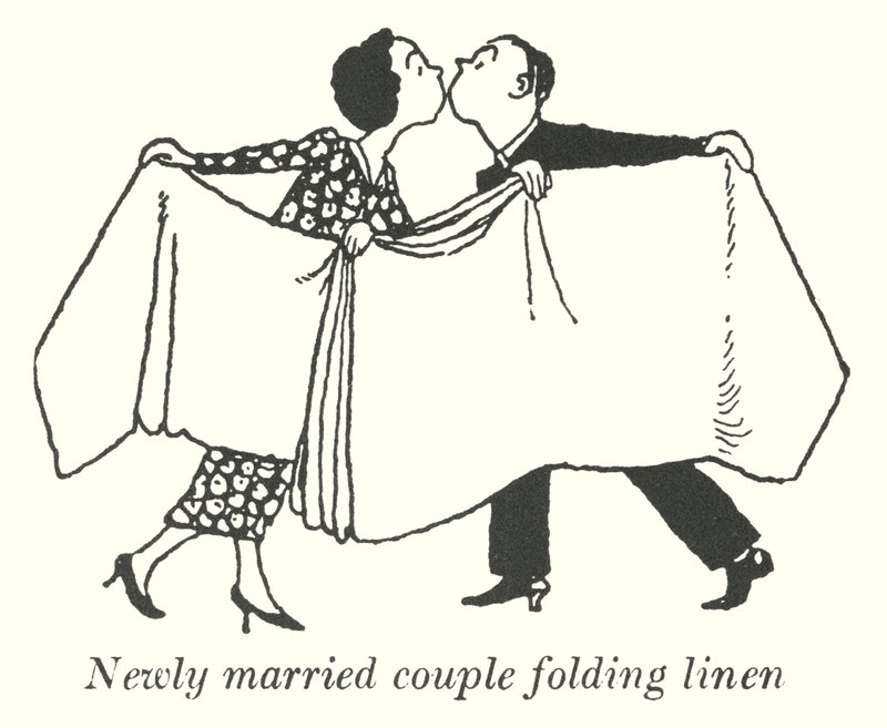 Frisch verheiratetes Paar faltet Wäsche (Lithografie) von William Heath Robinson