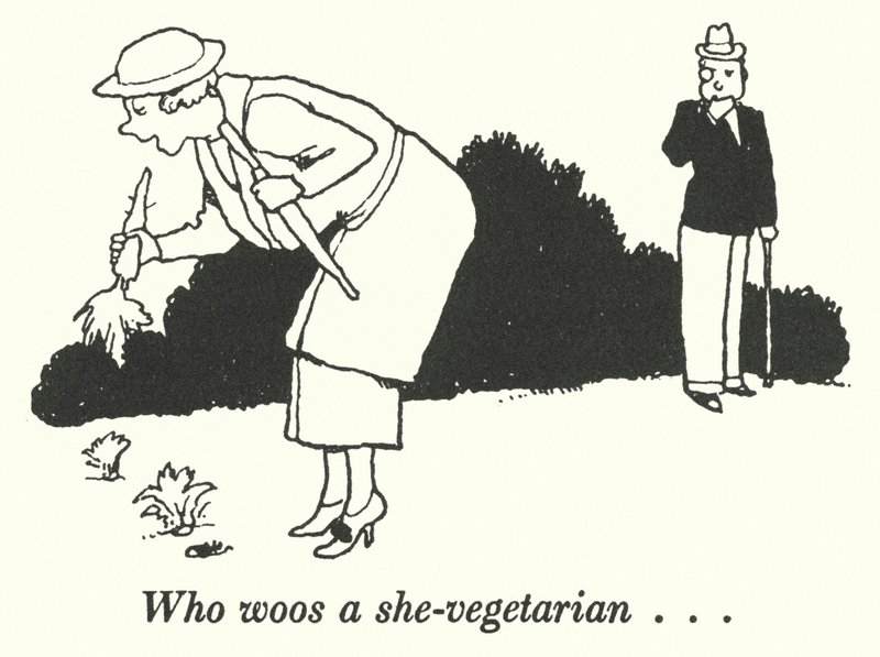 Wer eine Vegetarierin umwirbt (Lithografie) von William Heath Robinson