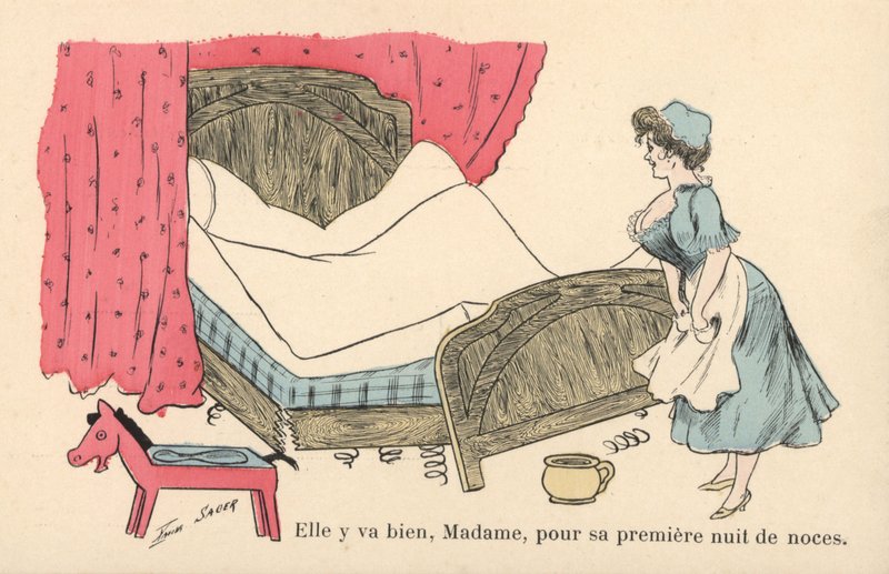 Dienstmädchen räumt ein abgenutztes Bett auf von Xavier Sager