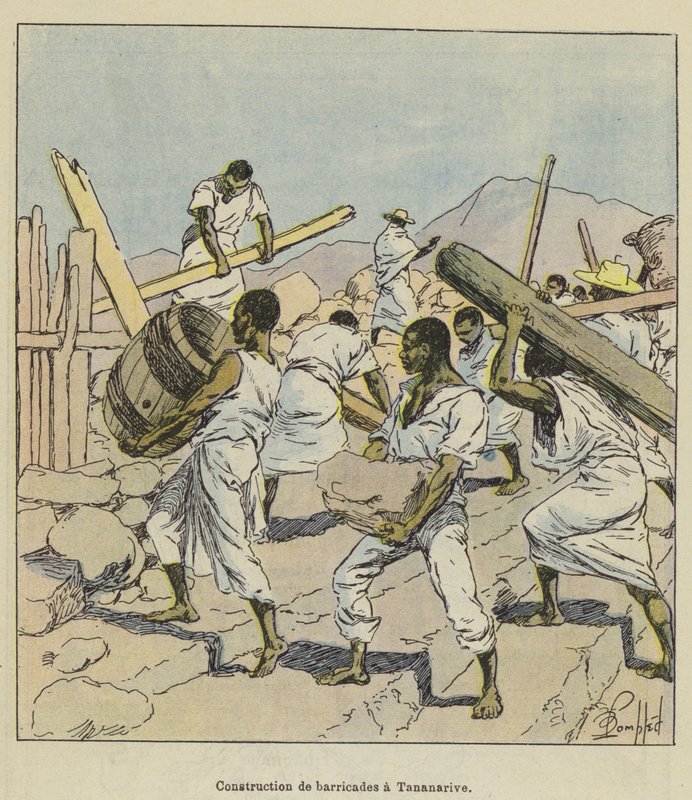 Bau von Barrikaden in Tananarive von after Louis Charles Bombled